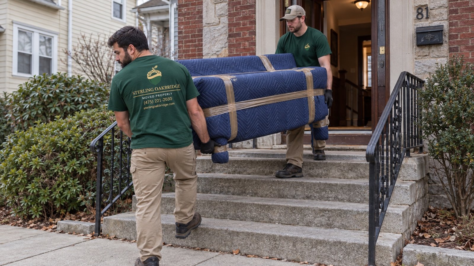 Two Sterling Oakbridge movers carry a fully blanket-protected sofa down stone steps at a brick Poughkeepsie home.