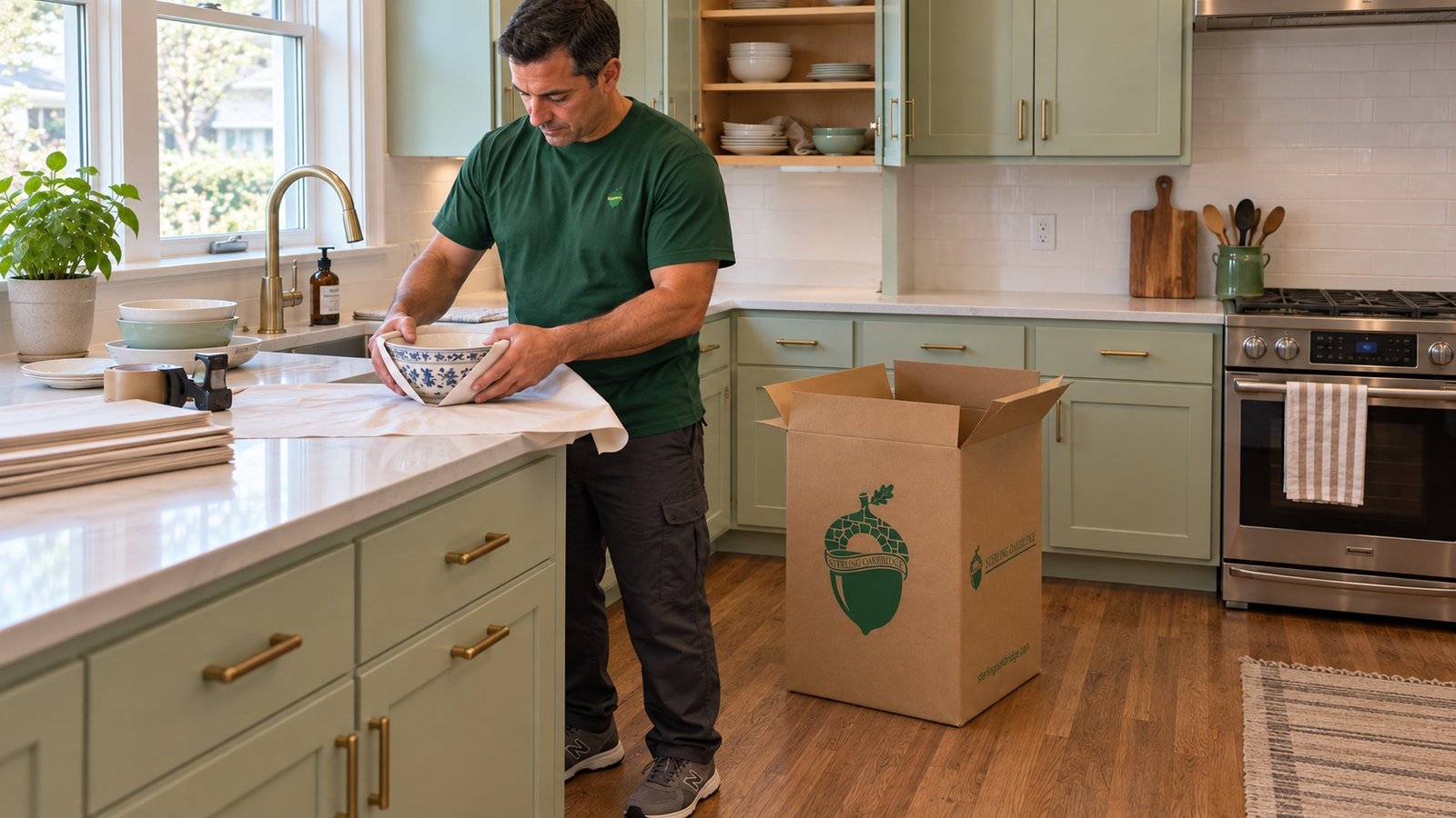 A Sterling Oakbridge mover wraps a ceramic bowl beside a branded China carton in a pale-green Poughkeepsie kitchen.