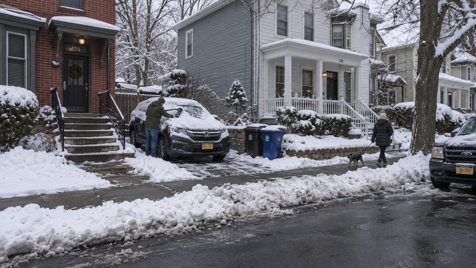 A residential street after snowfall with plowed snow along the curb and a cleared sidewalk.