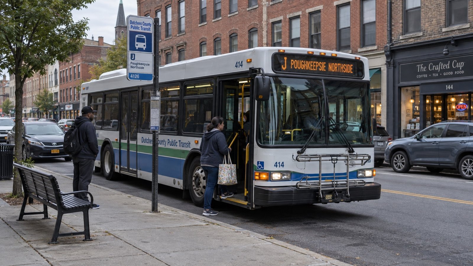 A Main Street block of older brick commercial buildings with a county bus at a stop.