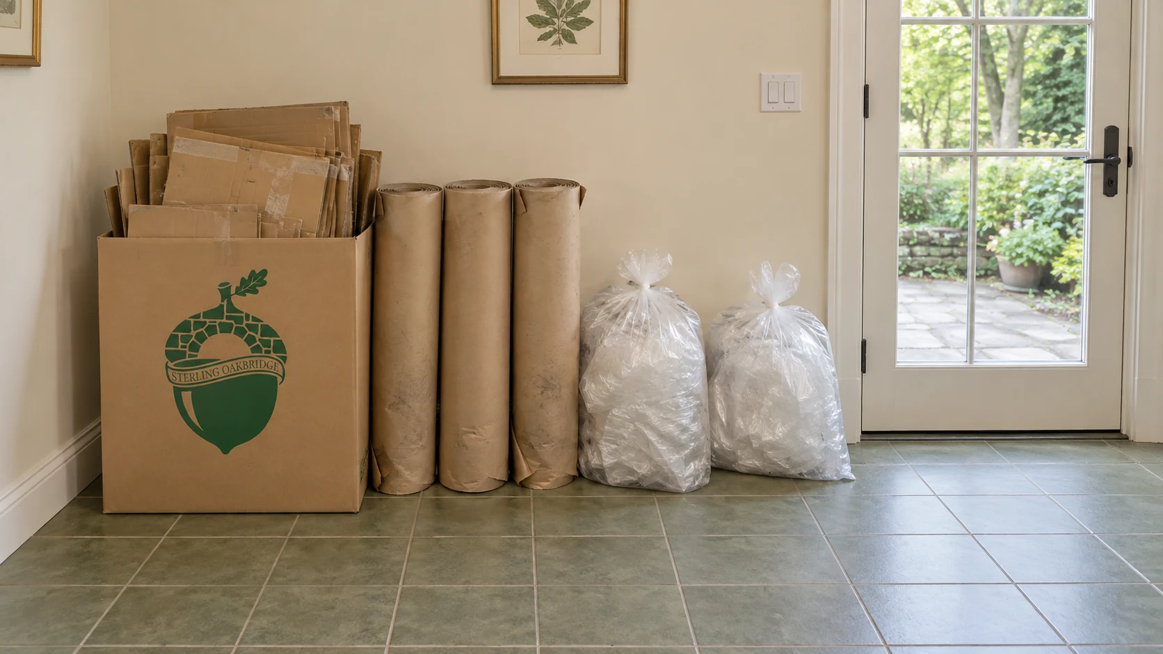 Flattened cardboard and rolled packing paper stand separately from bagged plastic film beside a private exit.
