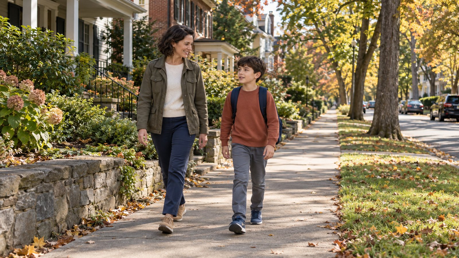 A parent and a school-age child with a backpack walk along an ordinary residential sidewalk.