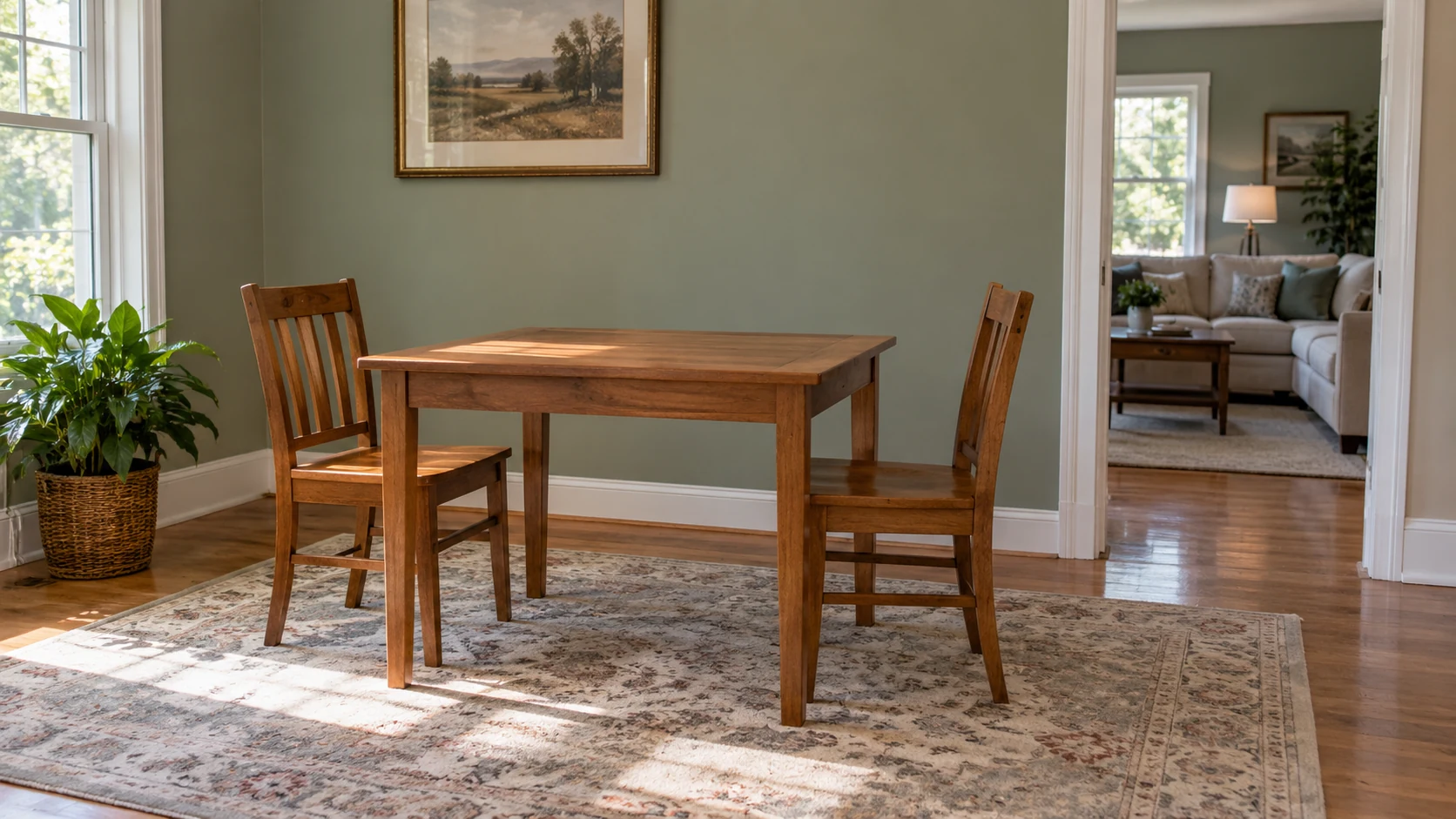 A wooden table and two chairs stand in a furnished room with a clear doorway to the next room.