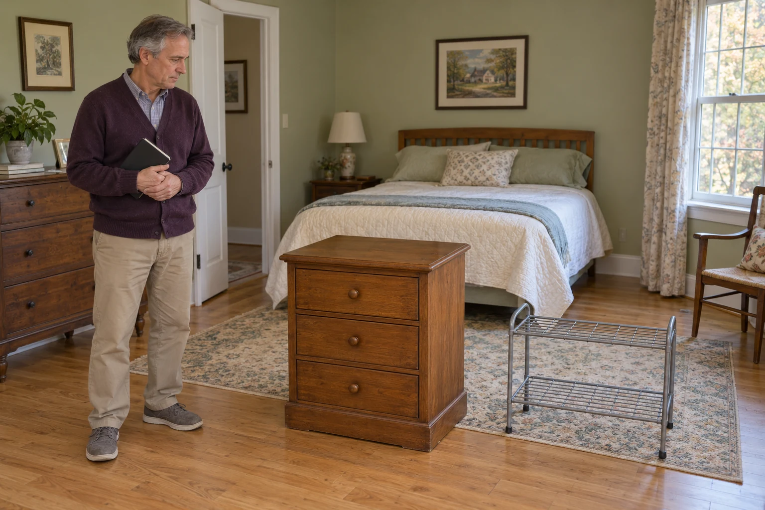 A resident with a notebook stands beside a small chest and an empty shoe rack in a furnished bedroom.