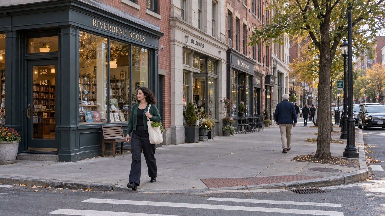 Woman carrying a cloth tote beside downtown storefronts and a crosswalk