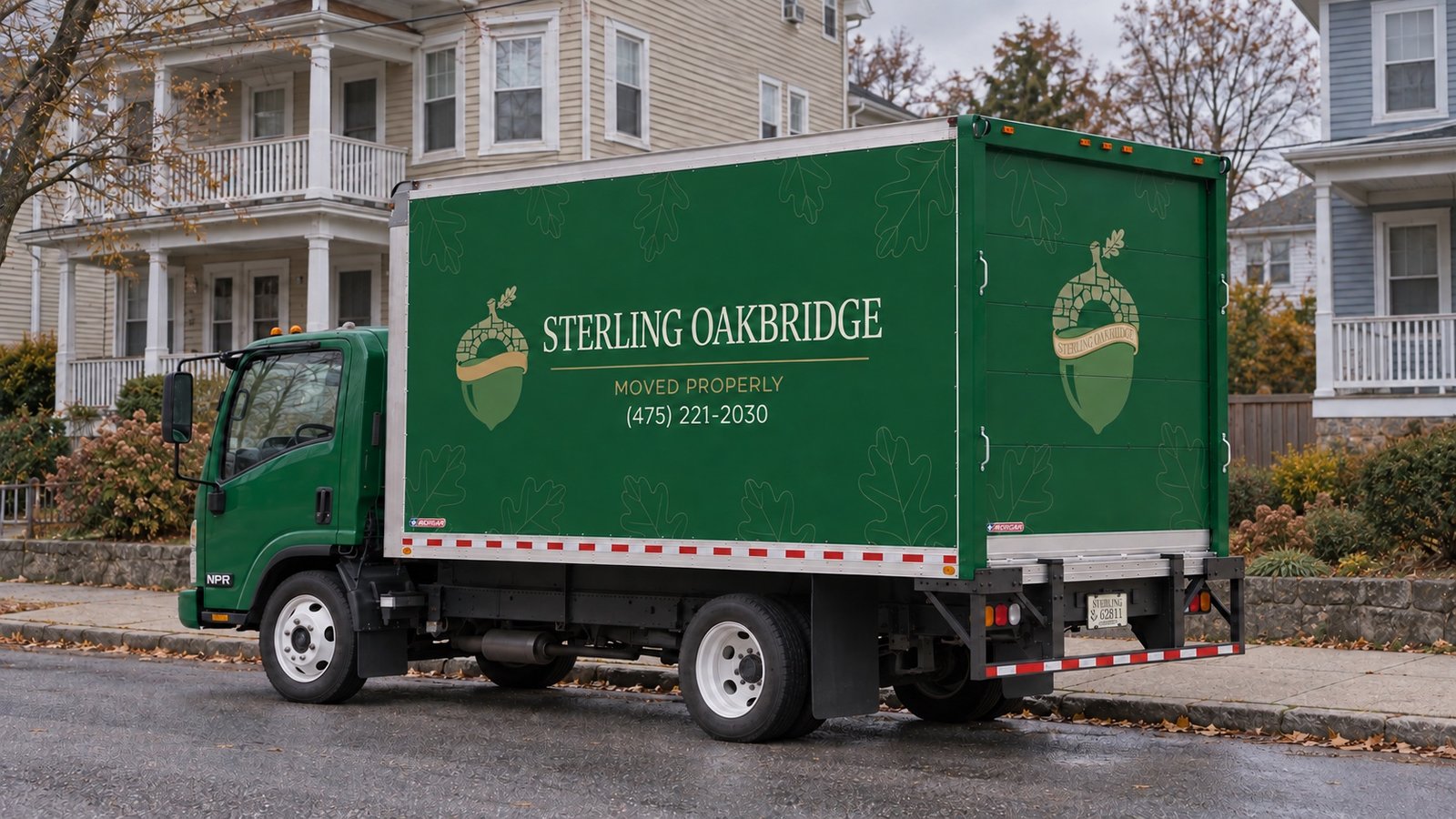Green Sterling Oakbridge NPR truck parked beside a continuous residential curb