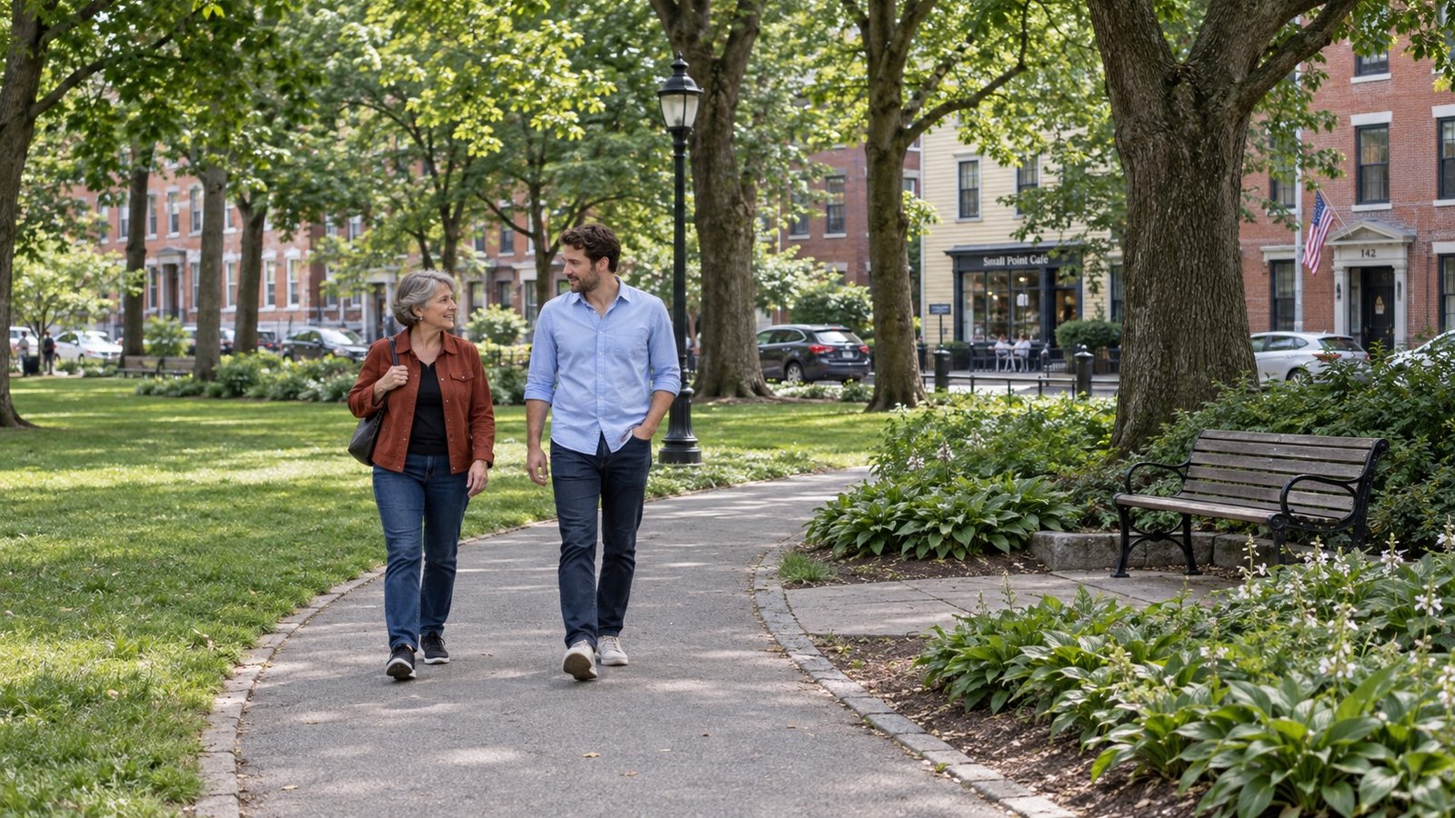 Two adults walking on a shaded park path beside a bench