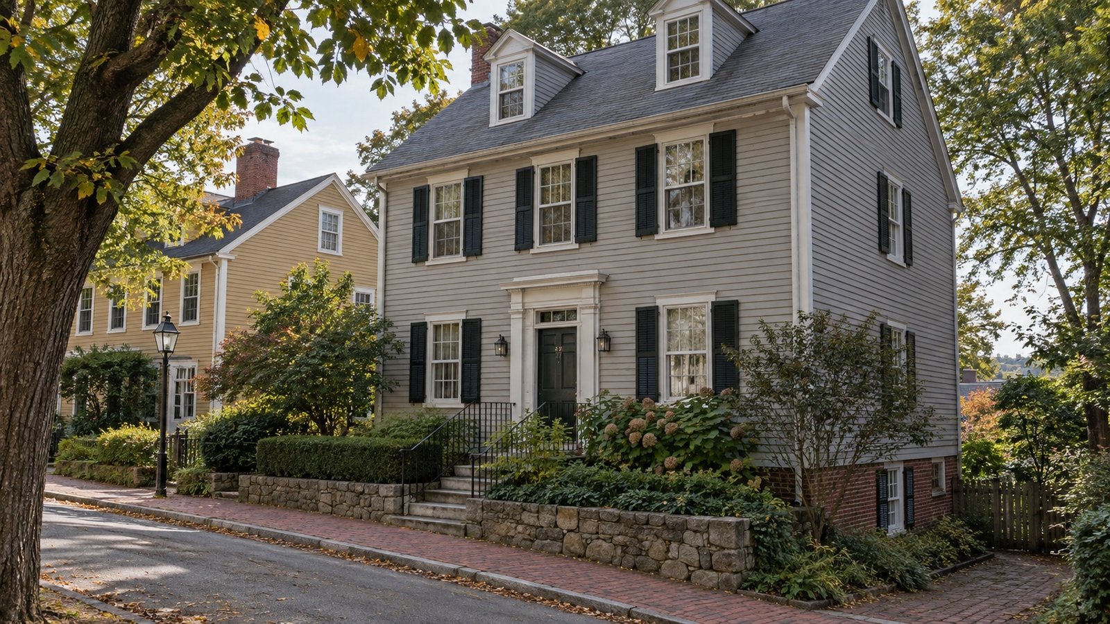 Pale clapboard house with green shutters above a sloping brick sidewalk