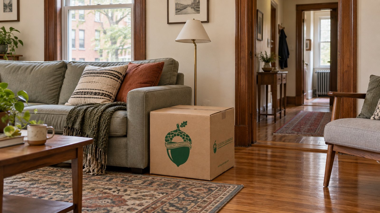 Branded kraft carton beside a sofa and an open wood-trimmed hallway