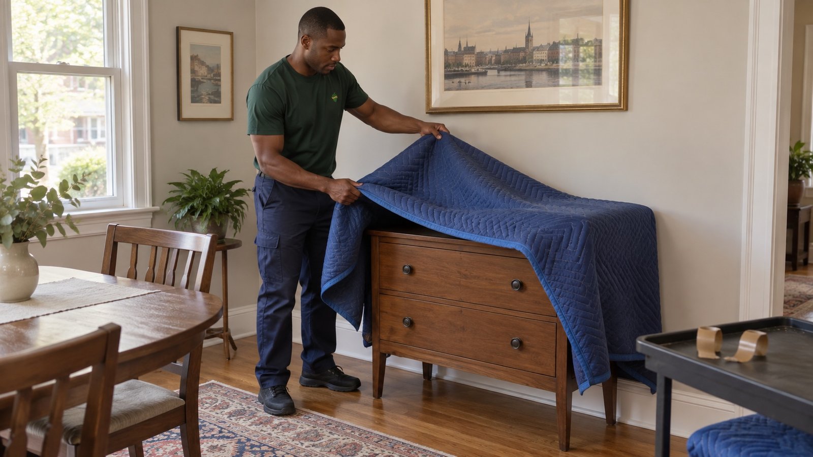 Mover lifting a blue protective blanket from a wooden sideboard