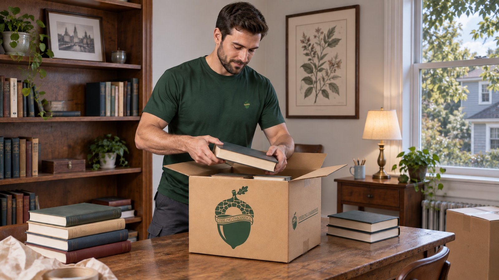 Mover lowering a book into an open small branded carton on a table