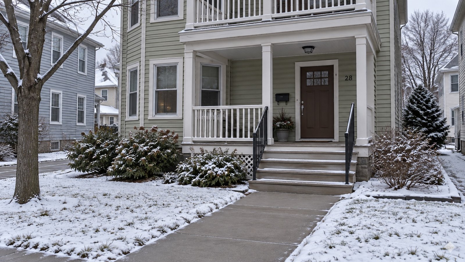 Cleared walk and porch steps at a clapboard home after light snowfall