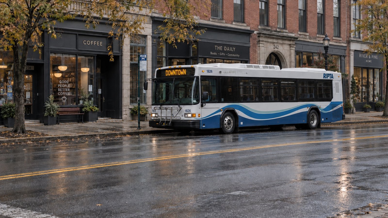 White and blue city bus seen across a two-way street with a clear lane ahead