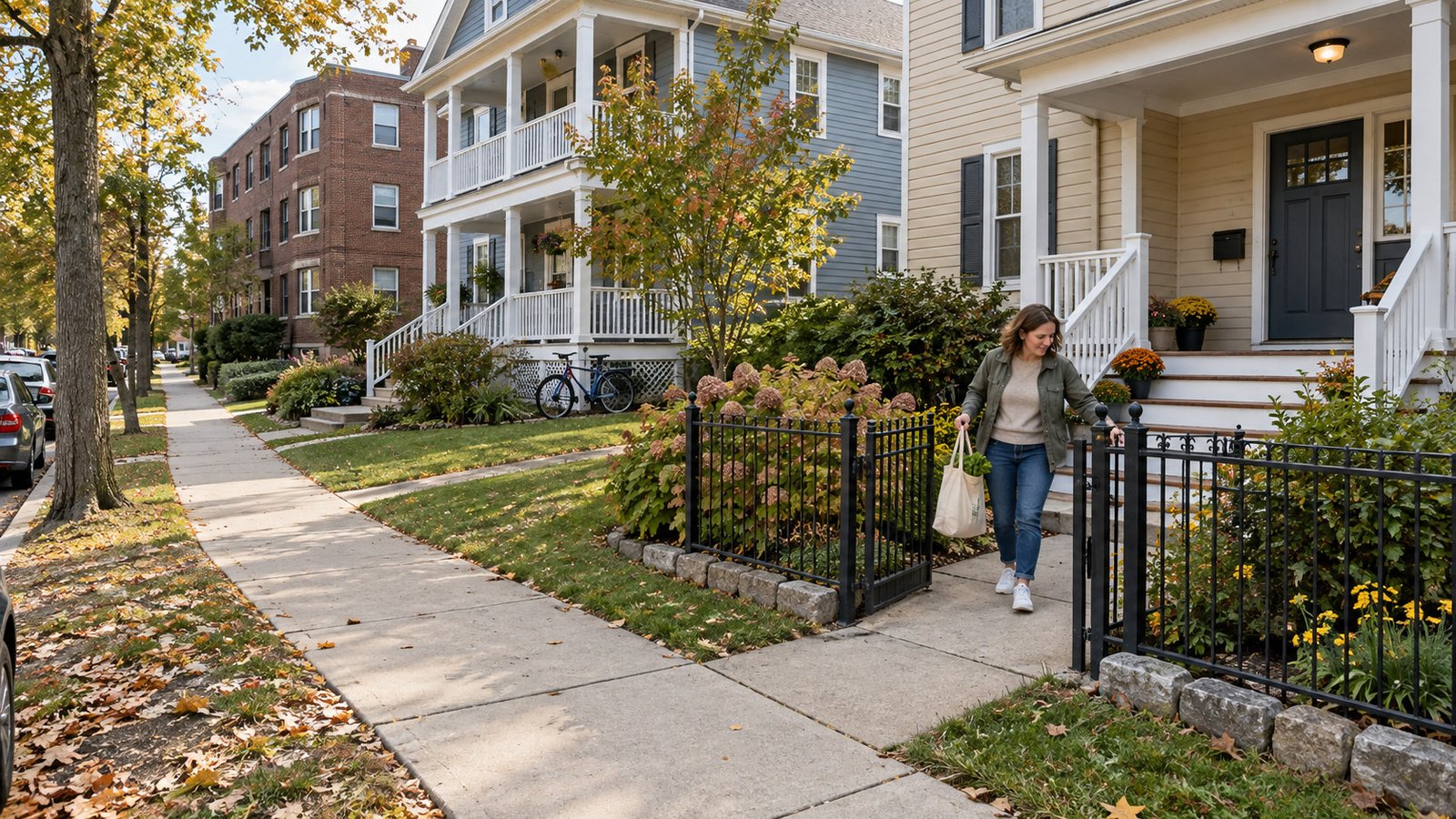 A neighborhood approach and connected home entrance Resident returns through a front garden gate beside clapboard homes