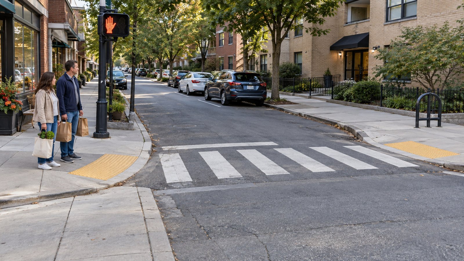 Two residents with grocery bags wait beside a complete marked crossing