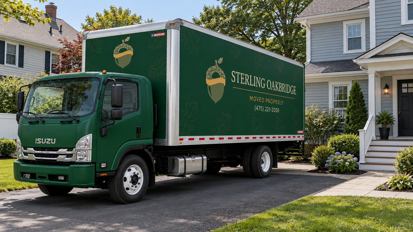 House move: approach and entrance Green moving truck on a paved driveway beside a clapboard house