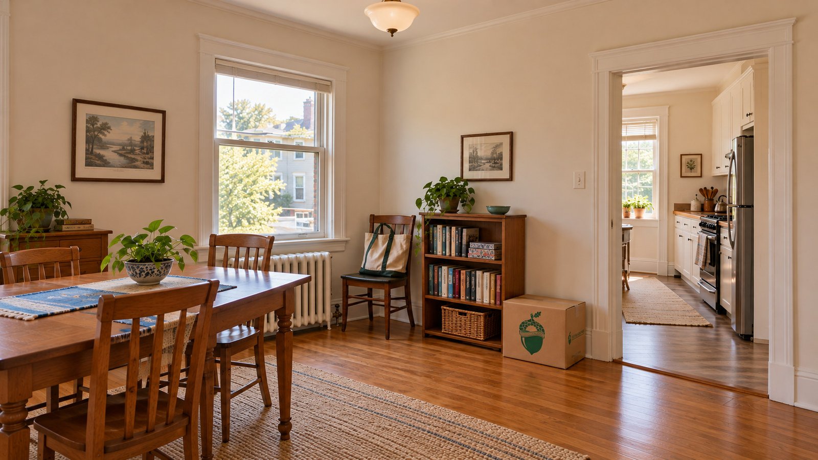 Usable room space and a clear connecting doorway Dining room with radiator, bookcase, compact branded carton and a kitchen doorway