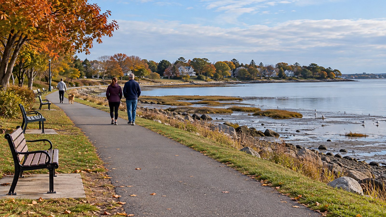 Waterfront recreation and a separate everyday destination Residents walk along a paved shoreline path beside an inlet