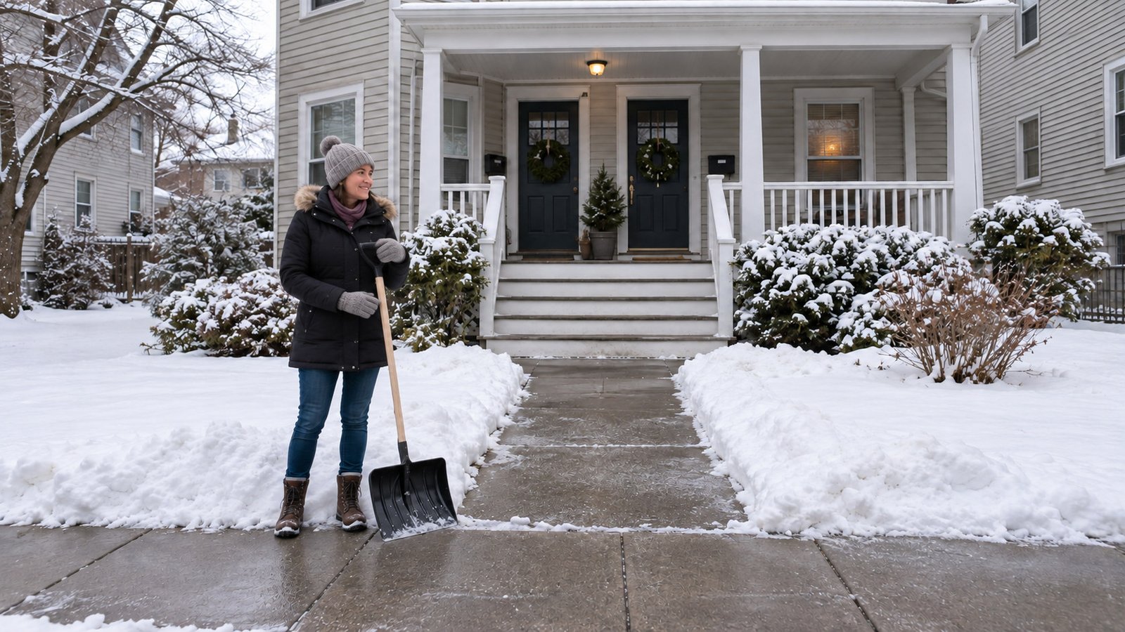 A continuous cleared winter entrance route Resident holds a snow shovel beside a cleared path to shared entrances