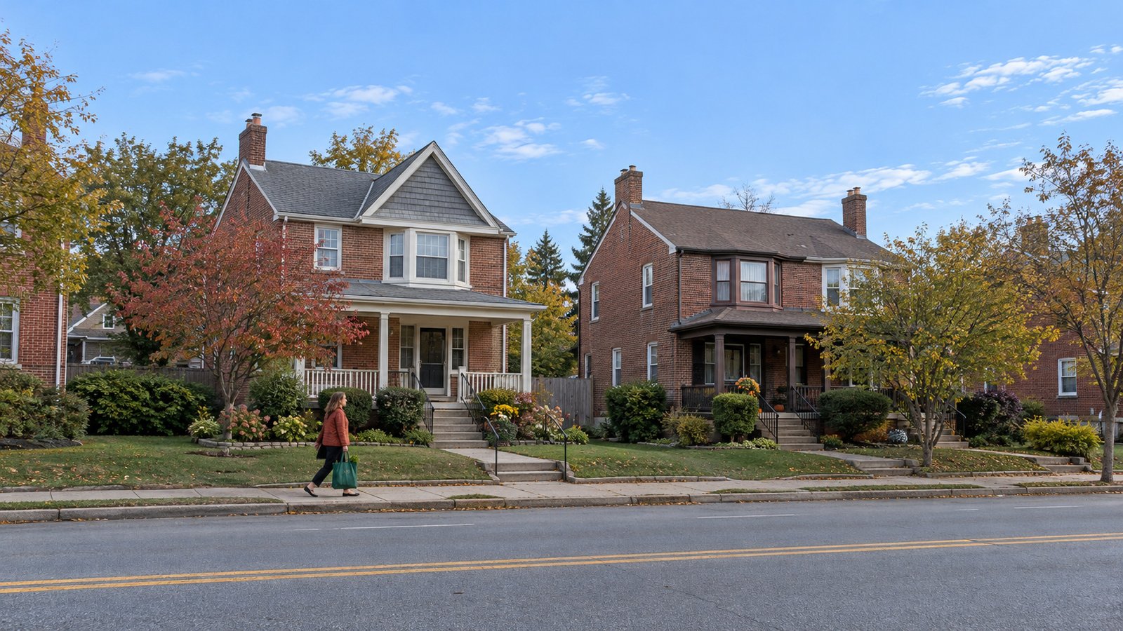 A woman carries a green grocery bag along a sidewalk in front of two complete older brick homes.