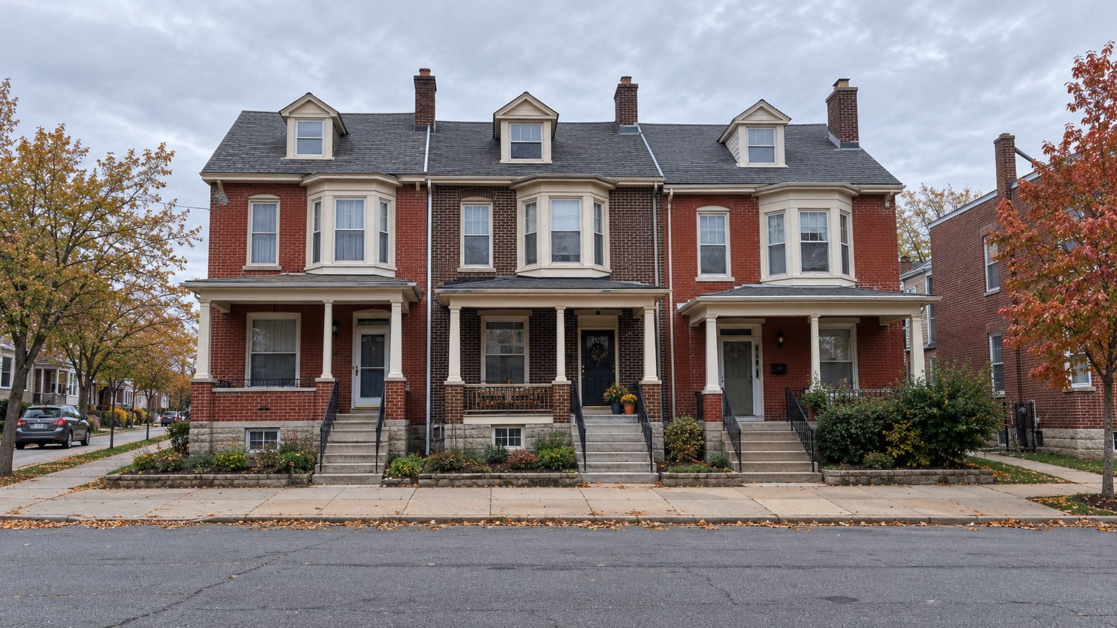Attached brick houses with distinct raised porches and stairs beside a public sidewalk and street.
