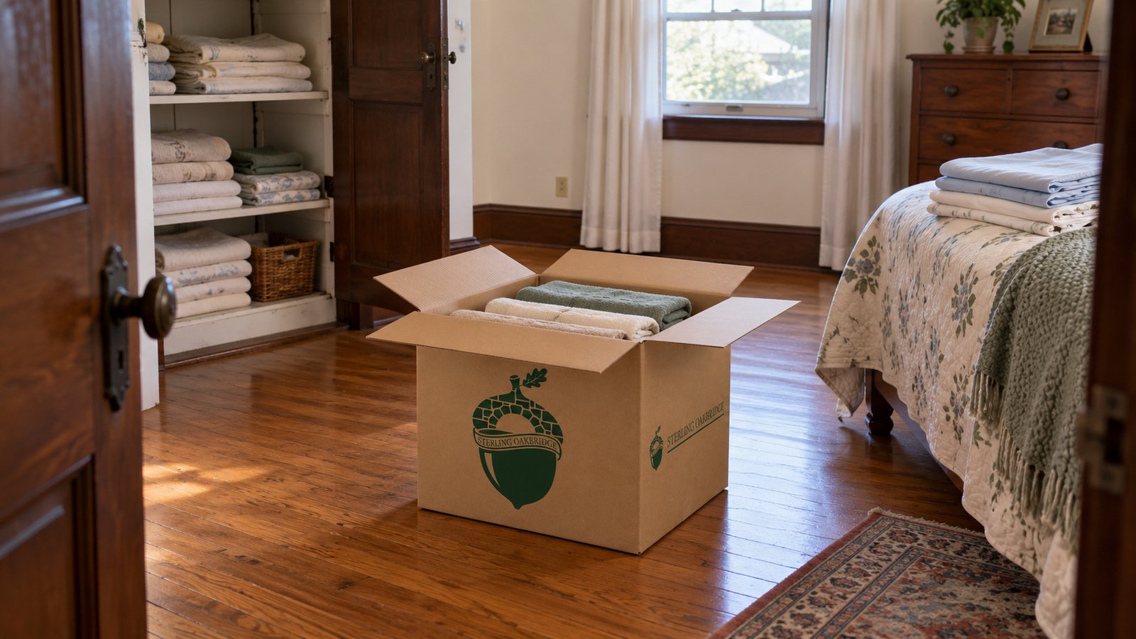 Keep selected linens together during packing An open green-branded kraft carton of folded towels rests on a bedroom floor, with separate linens on the bed and in a cupboard.