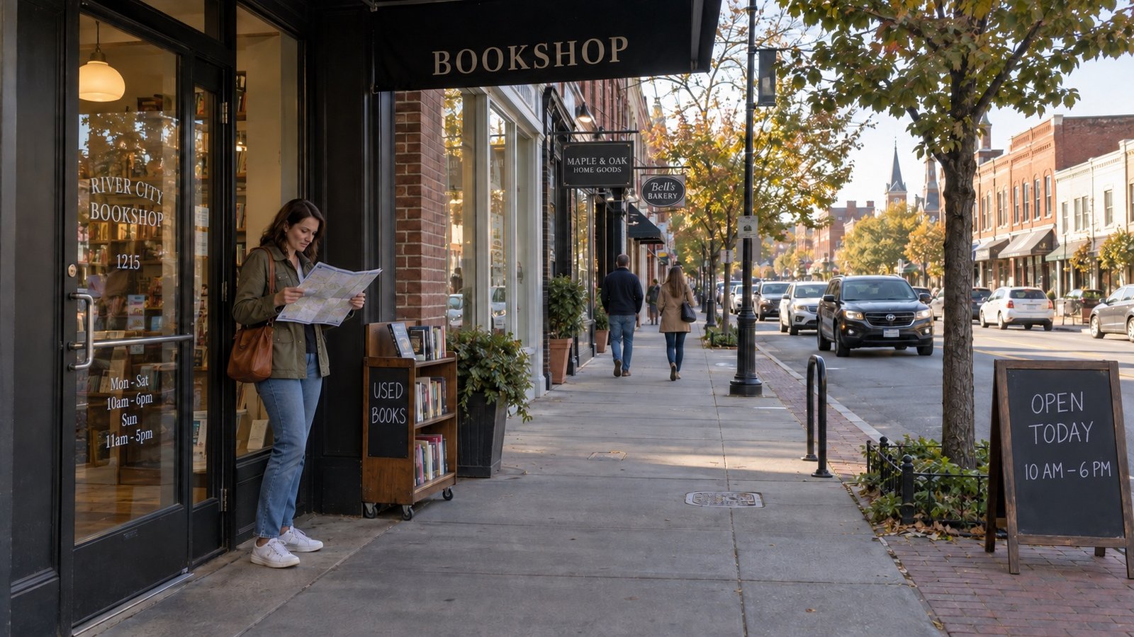 Woman reading a folded map near a bookshop entrance while other people walk along the sidewalk.