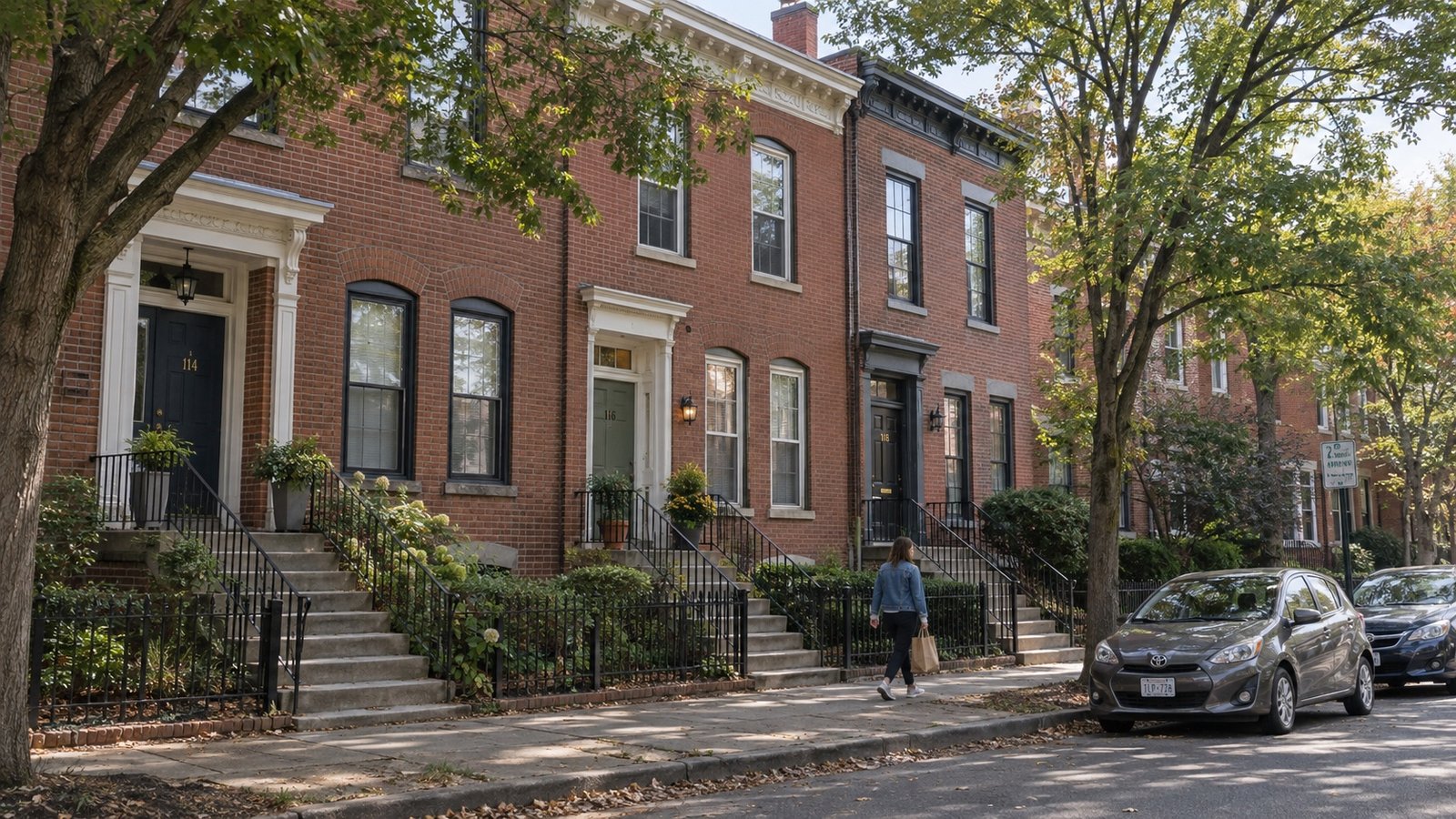 Brick townhouses with raised porches, entrance steps and iron railings along a tree-lined sidewalk.