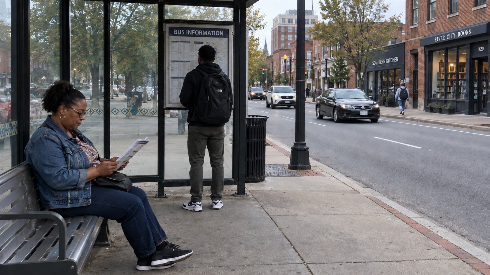 People waiting at a glass bus shelter beside a one-way street with approaching cars.