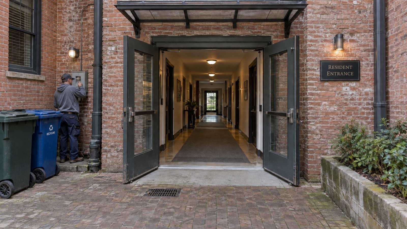 Open glazed double doors leading from a brick courtyard through a flush threshold into a common corridor.