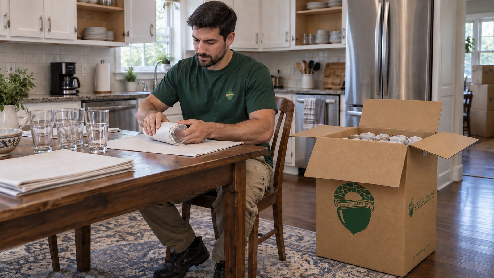 Wrapping glassware while seated at the table Mover wrapping a glass at a kitchen table beside an open branded china carton with four complete outward-folded flaps.