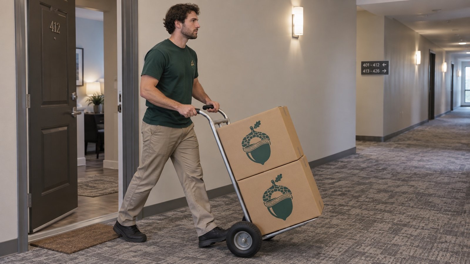 Mover pushing two medium cartons on a tilted upright hand truck through an apartment corridor.