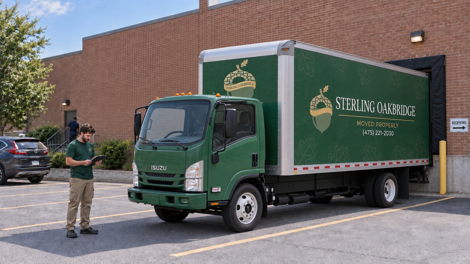 Green Sterling Oakbridge NPR moving truck backed rear-first toward a receiving dock, with its cab facing the loading court and a worker nearby.