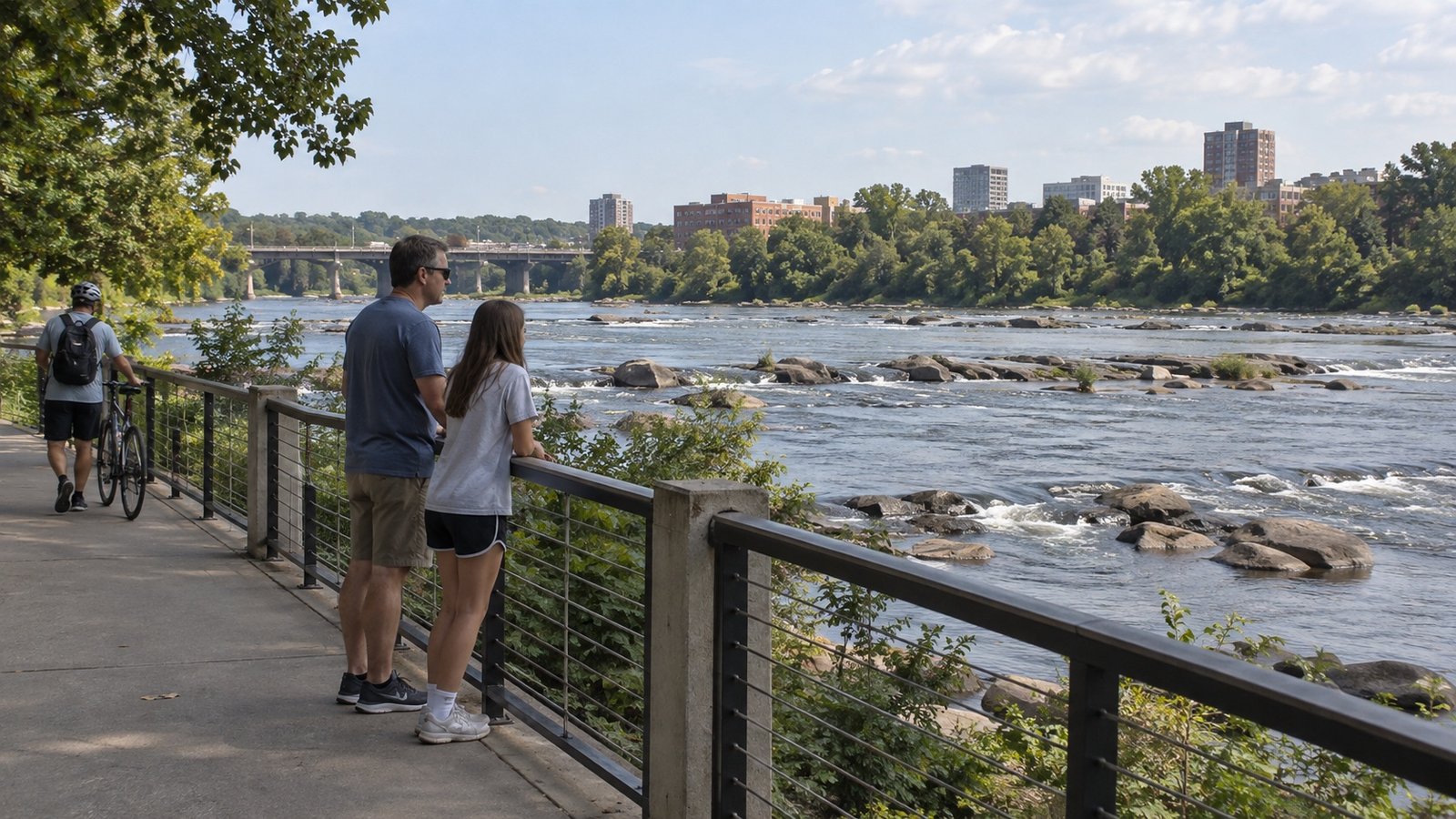Two people looking across a rocky river from a railing while a cyclist walks a bicycle behind them.