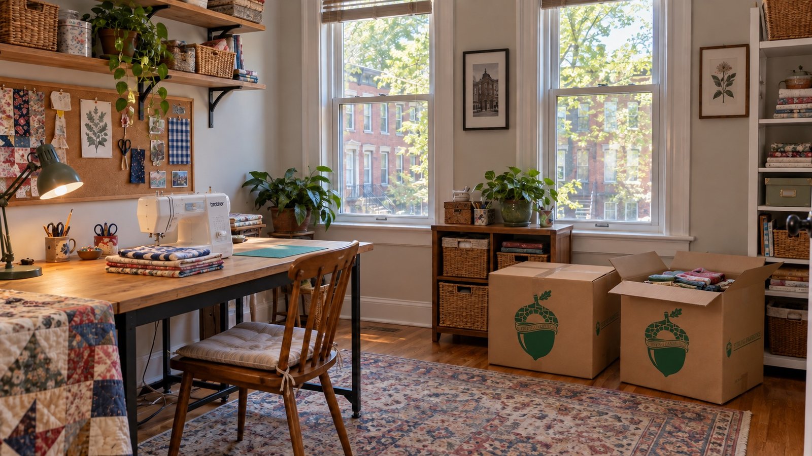 Sewing room with tall windows, a sewing table, fabric shelves and two branded medium cartons.
