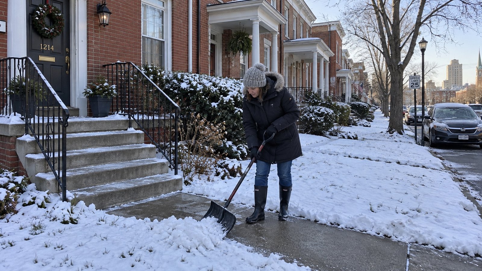 Homeowner in gloves and waterproof boots shoveling snow from a walk beside brick entrance steps.