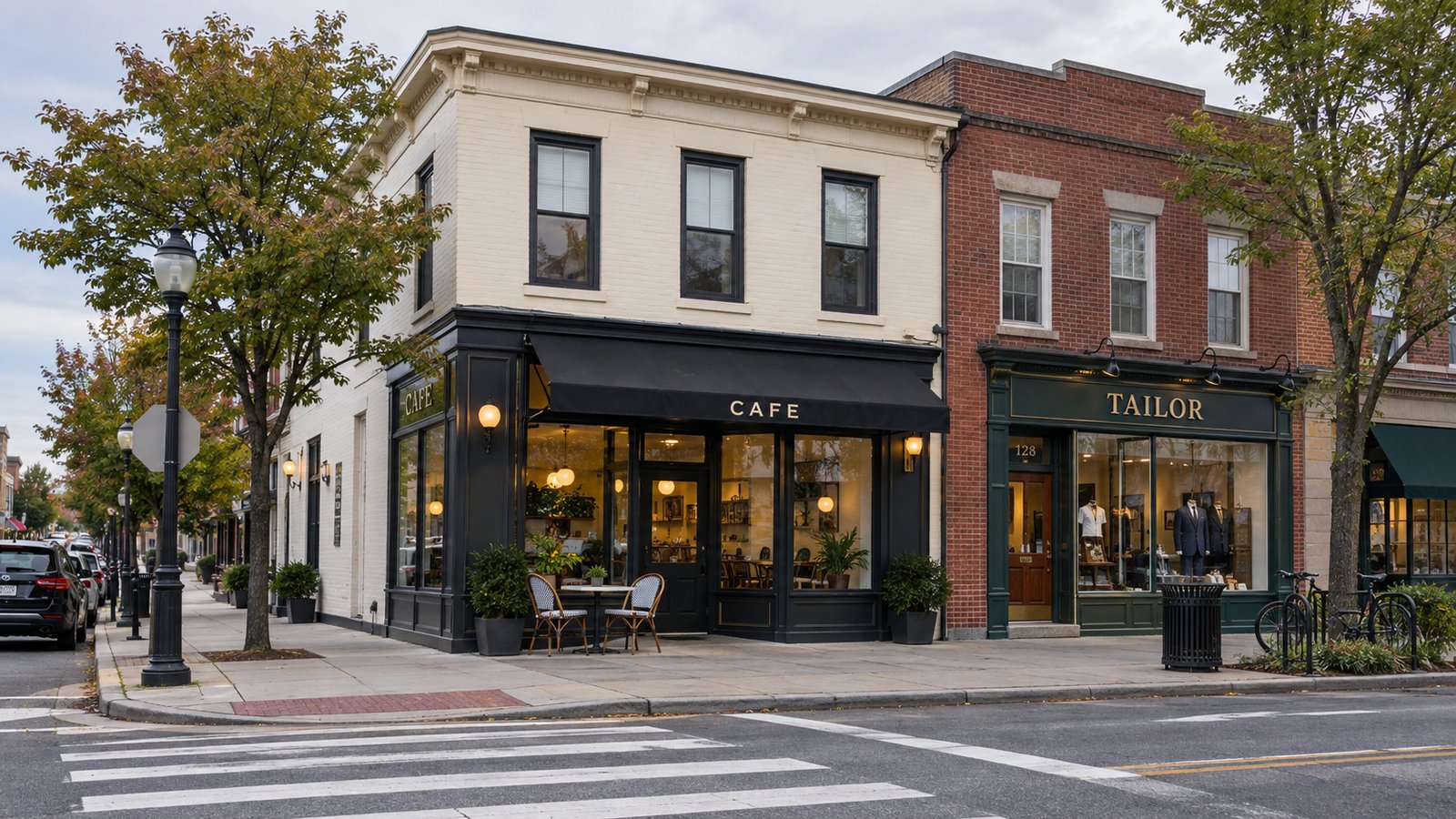 Everyday stops near a prospective home Cream corner cafe beside a brick tailor shop, with outdoor chairs, street trees and a pedestrian crossing