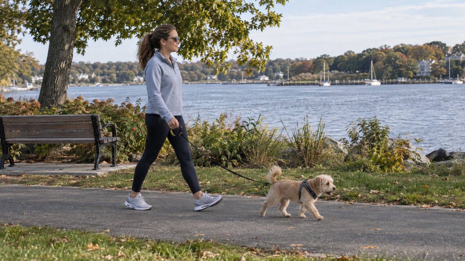 Time for a familiar outdoor routine Woman walking a small tan dog on a leash along a paved waterside path beside a wooden bench