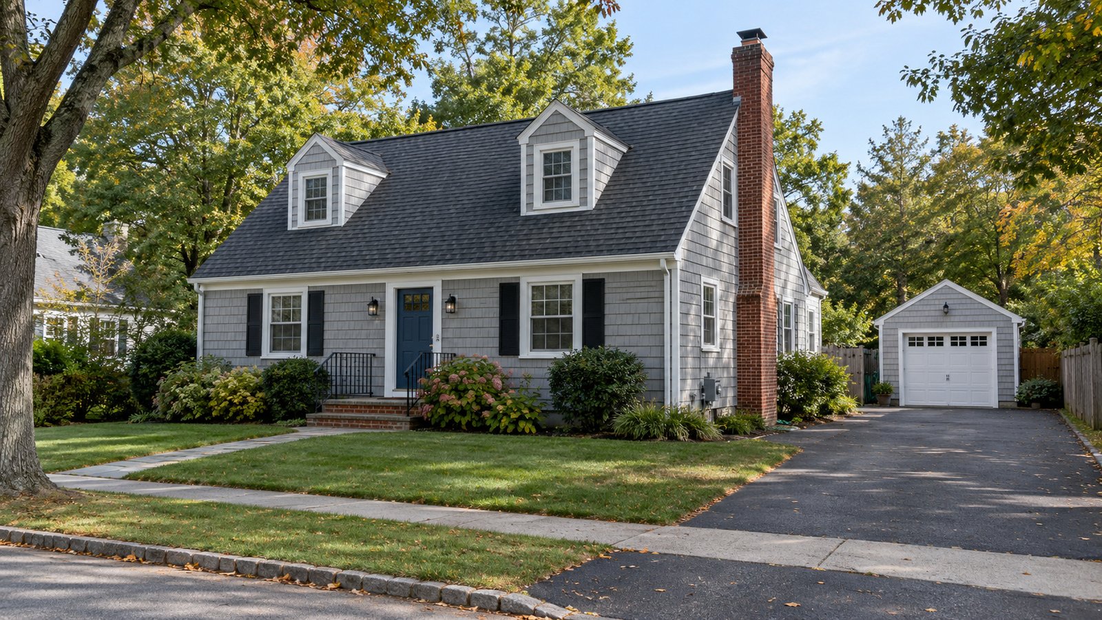A house, driveway and separate garage Gray Cape-style house with two dormers, a brick chimney, front steps and a paved driveway leading to a detached garage