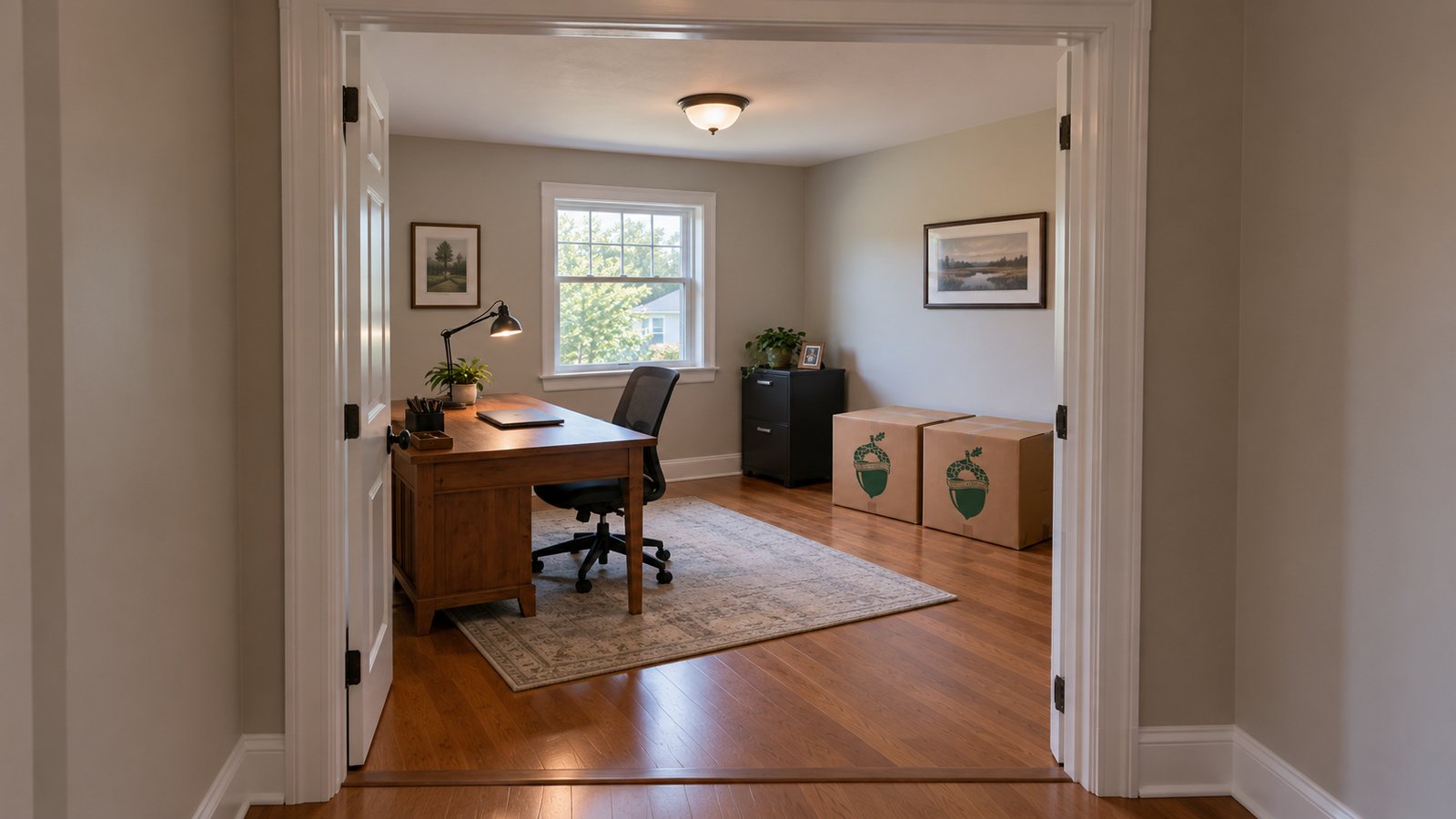 A usable home office after the move Wooden desk and office chair seen through a wide doorway, with a filing cabinet and two closed Sterling Oakbridge cartons against the wall