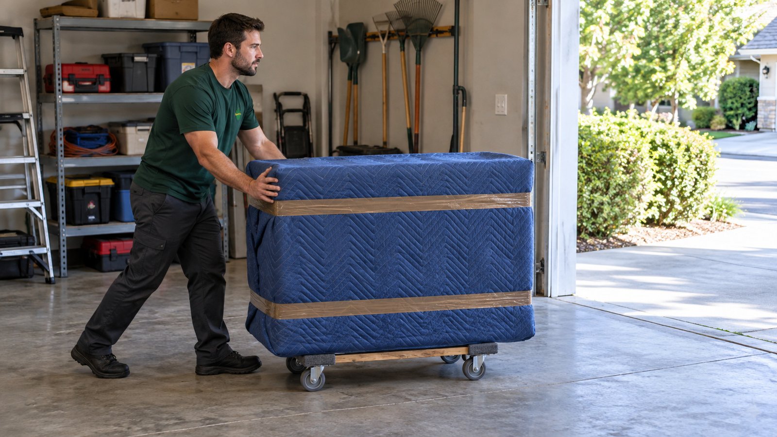 Moving a protected load on a clear route Mover in a green shirt guiding furniture wrapped in a blue blanket on a low wooden dolly toward an open garage entrance