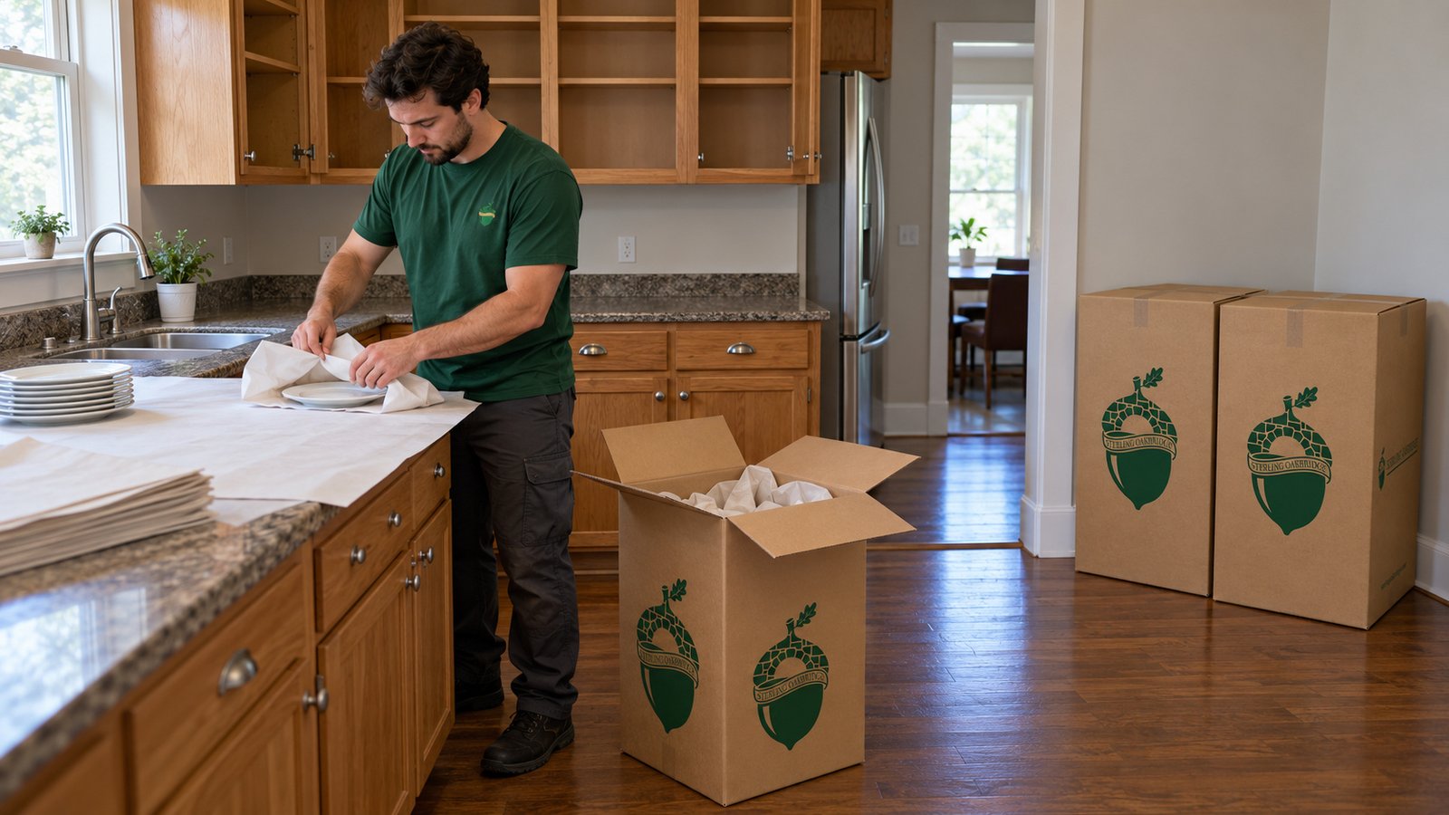 Finishing a kitchen pack Mover in a green Sterling Oakbridge shirt wrapping a plate at a kitchen counter beside an open china carton and two closed cartons
