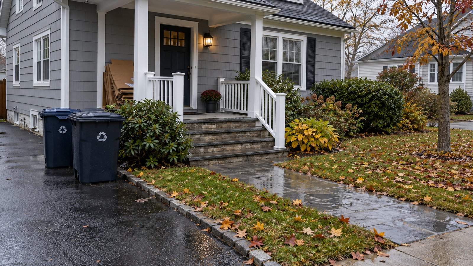 Collection preparation and a clear entrance Two recycling containers beside a driveway, flattened cardboard under a porch and a wet path kept clear of fallen leaves