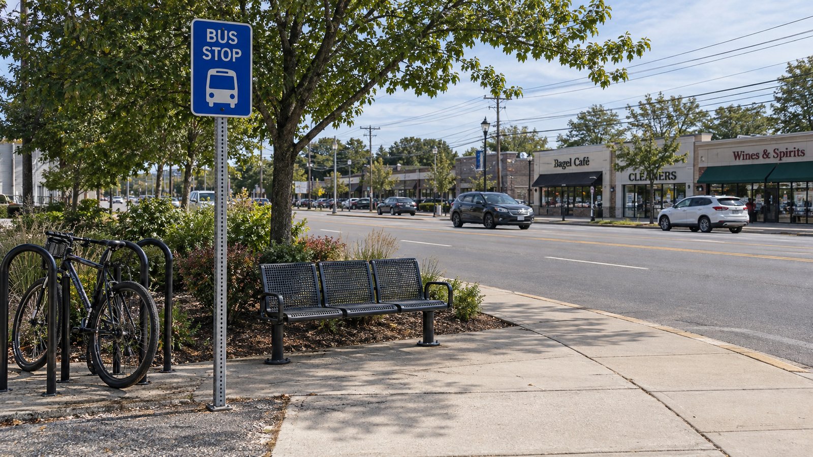 The stop and the journey beyond it Blue bus stop sign beside a three-seat bench and bicycle racks, with shops across the road