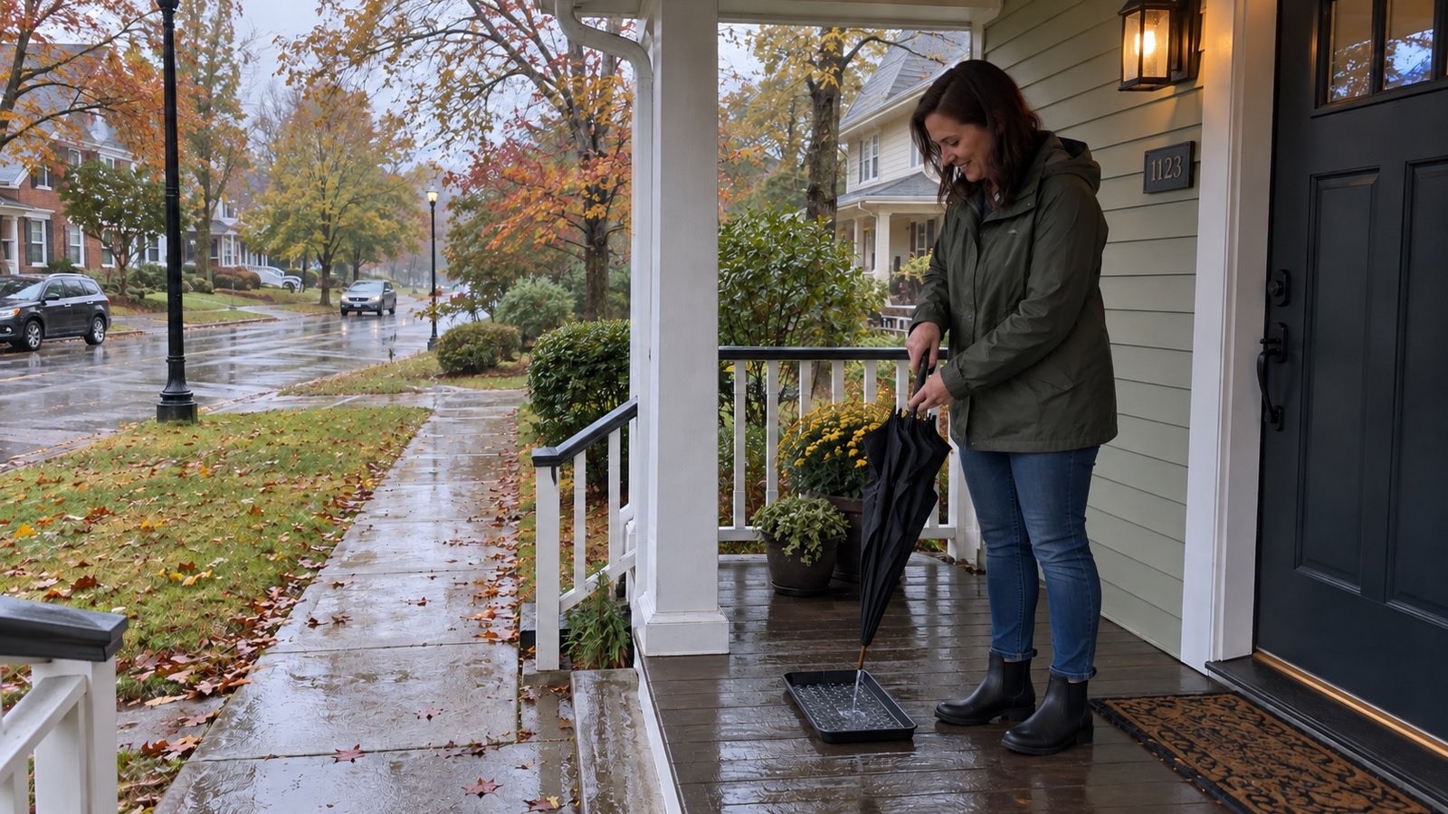 Woman in a rain jacket and waterproof boots holding a wet umbrella over a tray on a covered porch.