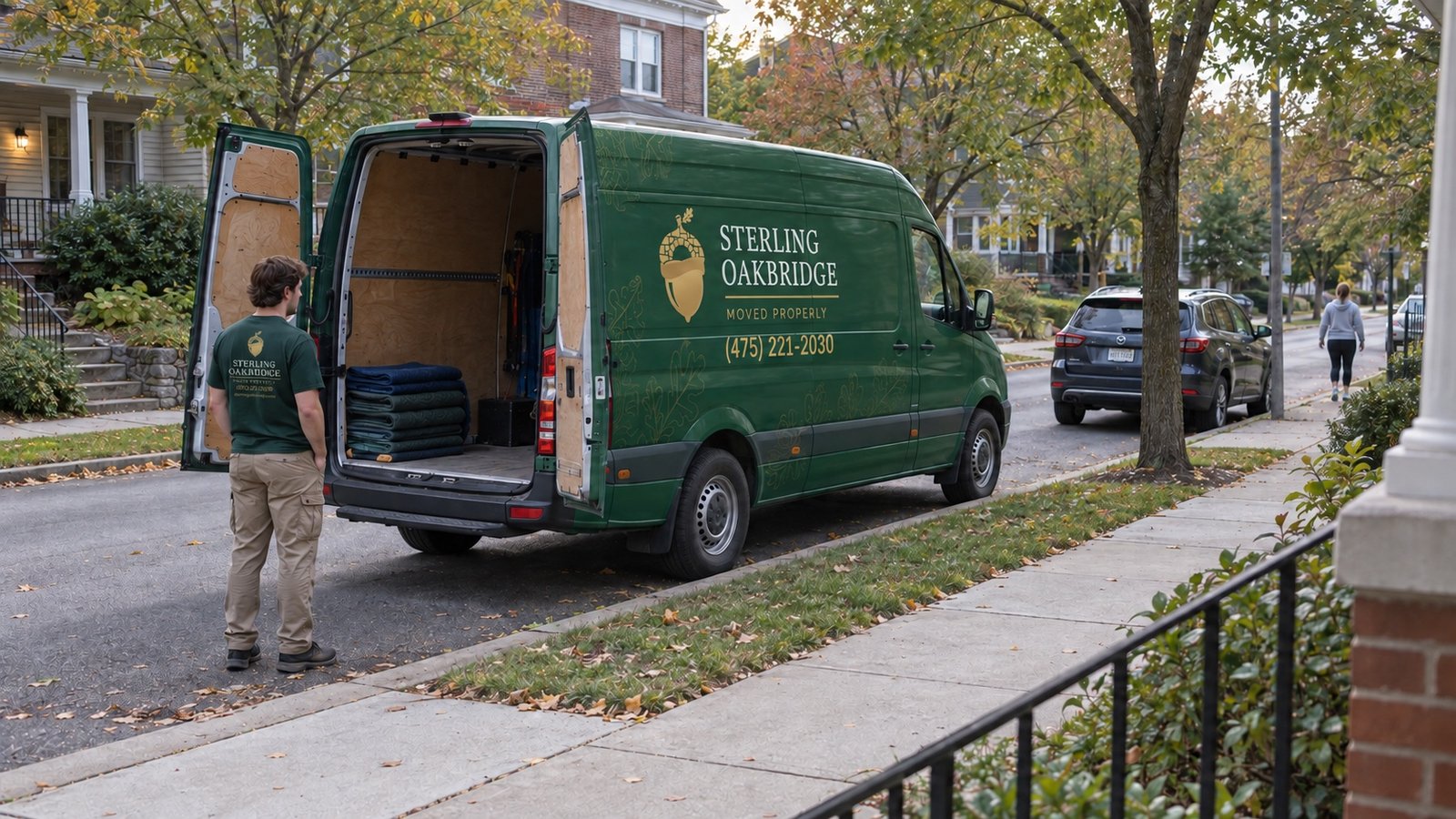 Branded green Sterling Oakbridge Sprinter parked parallel to the curb with both rear doors open and a mover standing beside it.