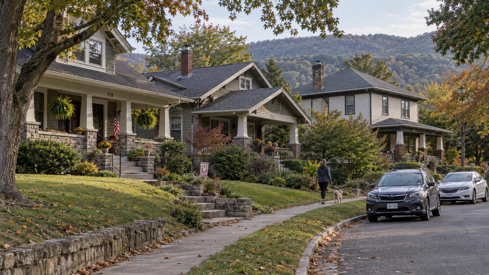 Porched bungalows and a two-story house along a tree-lined street, with a resident walking a dog and wooded hills beyond.