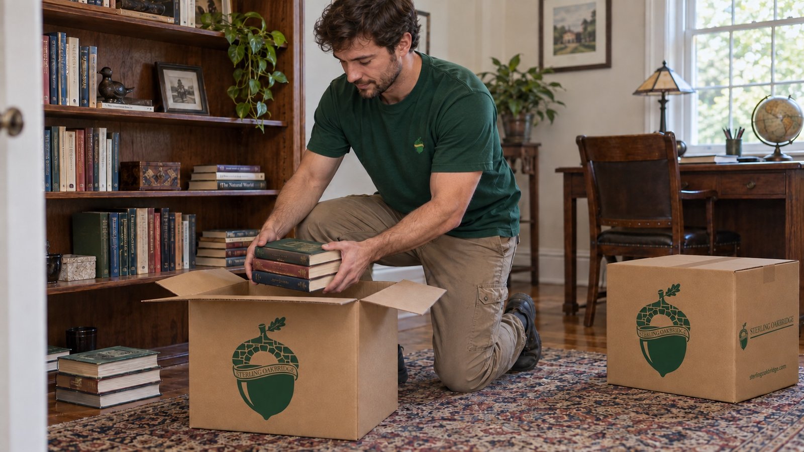 Packing books on the floor Mover kneeling beside a bookcase and lowering three books into a small branded carton.
