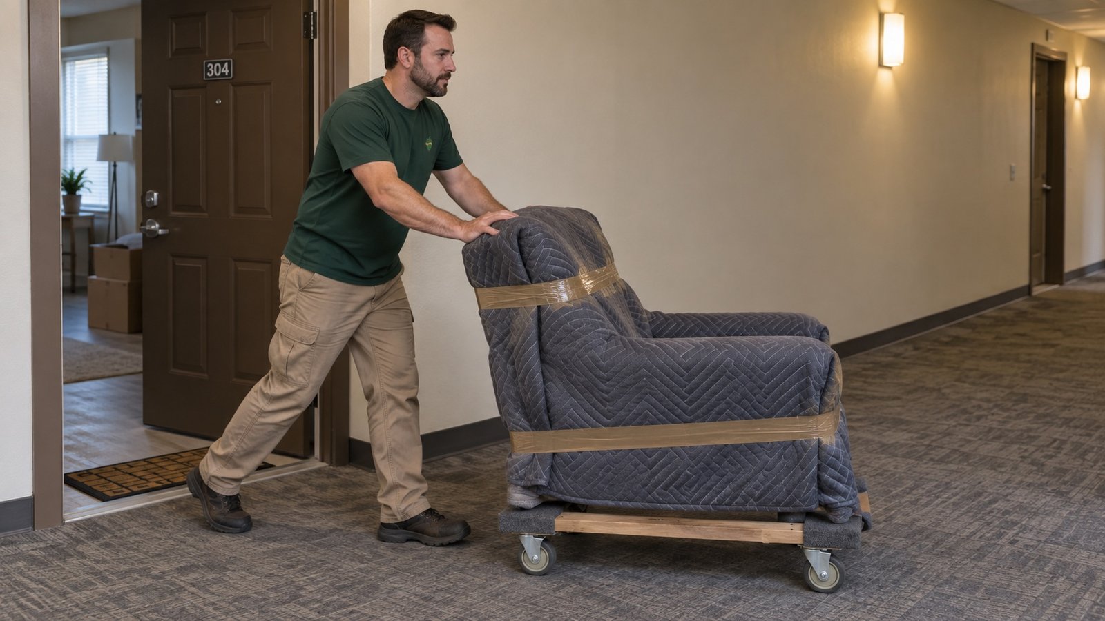 One mover pushing a padded armchair on a compact wooden furniture dolly through a level apartment corridor.