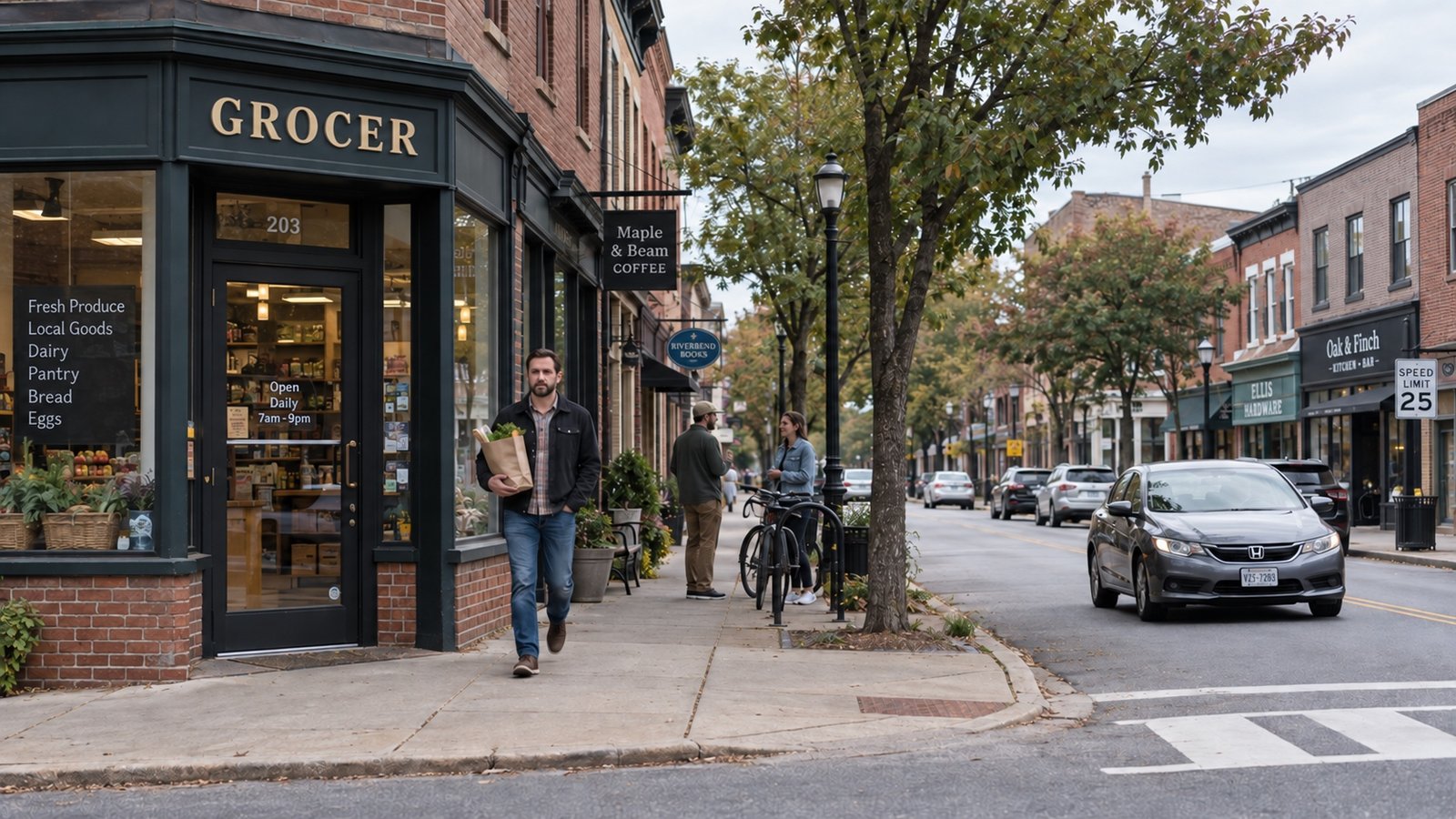 Man carrying groceries past a corner shop while people talk beside a bicycle rack.